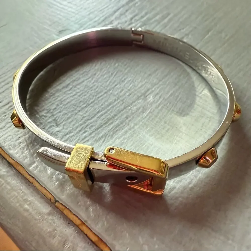 Michael Kors Silver & Gold Tone Buckle Hinged Bangle Bracelet